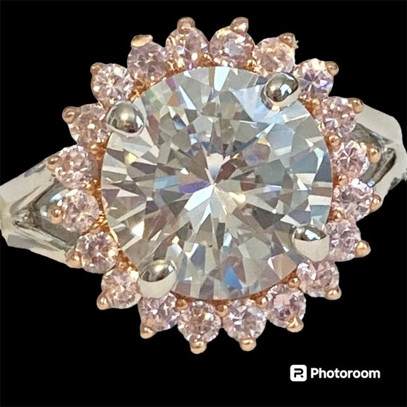 Pink Ice Halo Cocktail Ring Size 8 9 10 Statement Cubic Zirconia Silver Plated - Picture 1 of 10